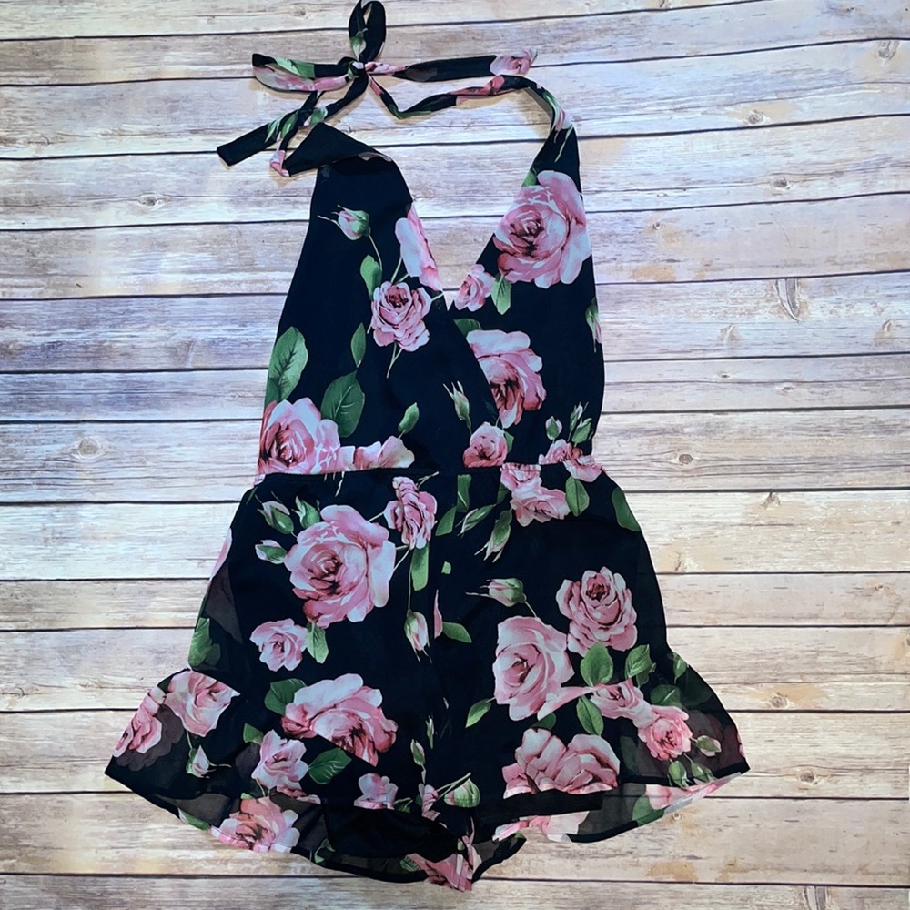 Black Floral Rose Halter Backless Romper with Ruffle Hem